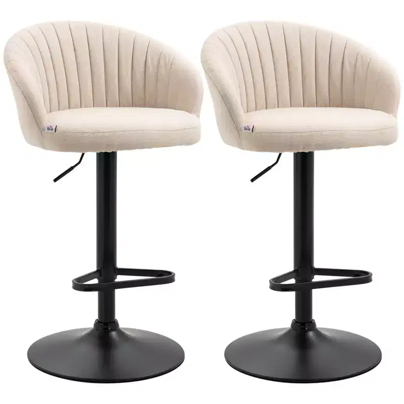 HOMCOM Adjustable Bar Stools Upholstered Kitchen Stools with Linen Touch Fabric, Steel Frame, Set of 2, Beige and Black