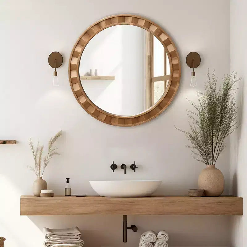 28 Round Wall Mirror, Natural Wood Frame, Rustic Wooden Decor, Brown