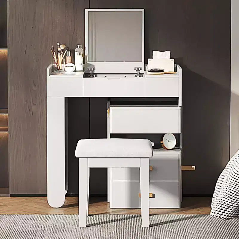 Okak 3-IN-1 Makeup Vanity with Flip-Top Mirror, Makeup Desk with Adjustable Length and Ample Drawers, Dressing Table for Home, White