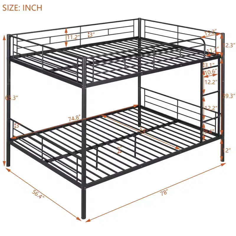 Full over Full Bunk Beds with Ladder & Full-Length Guardrails, Metal Heavy Duty Full Size Bunk Bed Frame with Sturdy Slats