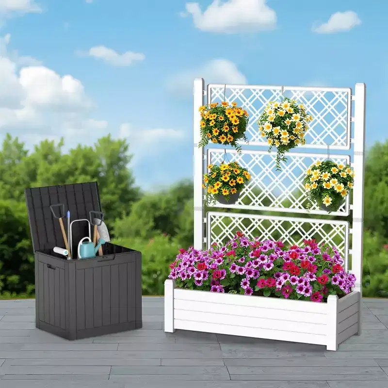 2-Piece White Outdoor Planting Bed With Grille And Black Storage Box, Suitable For Outdoor Planting