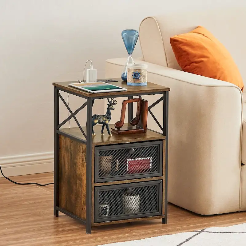 Brown / Grey / Black / Old School Nightstand with Charging Station, 2 Flip Drawers, 2 USB Ports & 2 AC Outlets