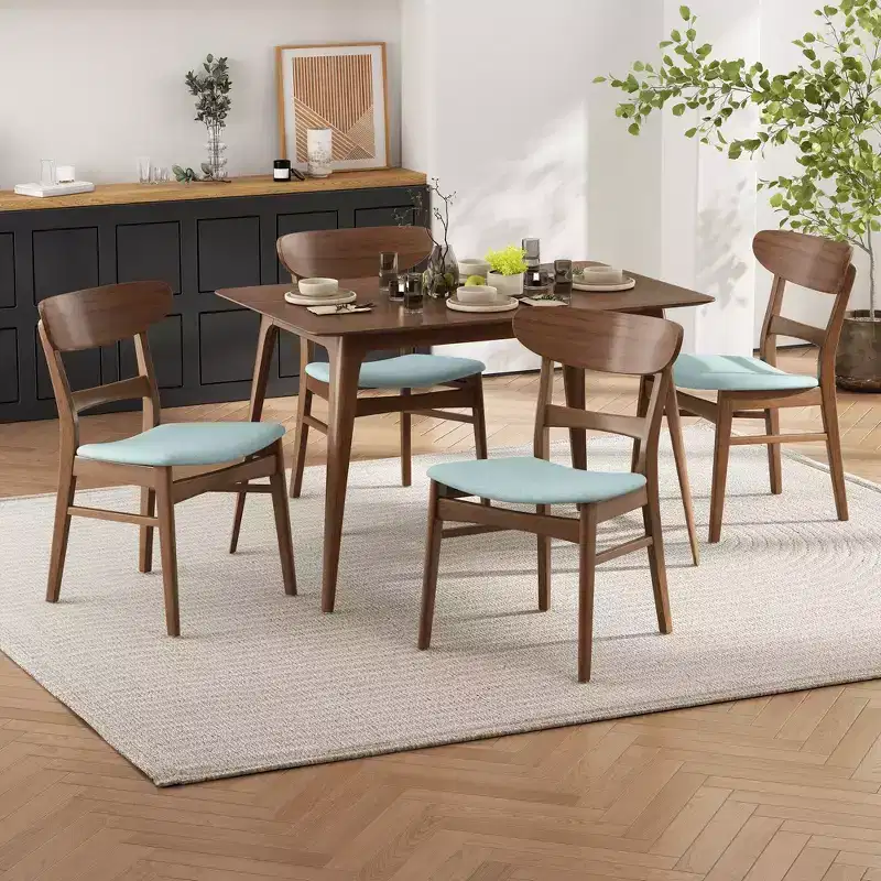 Small Space Dining Set for 4, 5 Pieces Rectangular Solid Wood Table Set with 4 Upholstered Chairs for Kitchen, Mint,Walnut