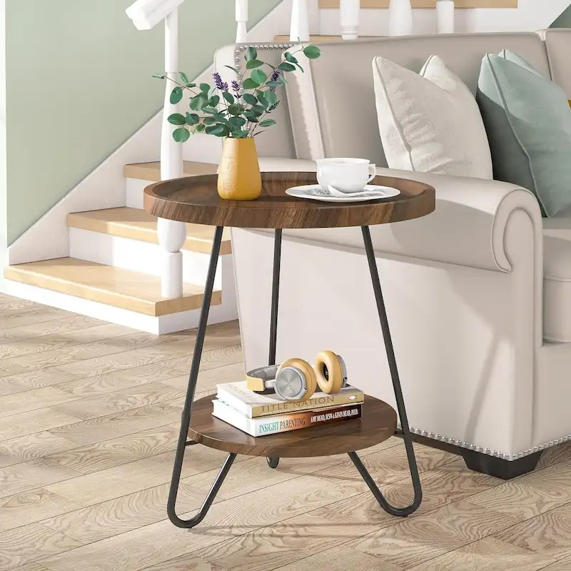 Round Side Table, Wooden End Table, 2-Tier Sofa Side Table with Metal Legs