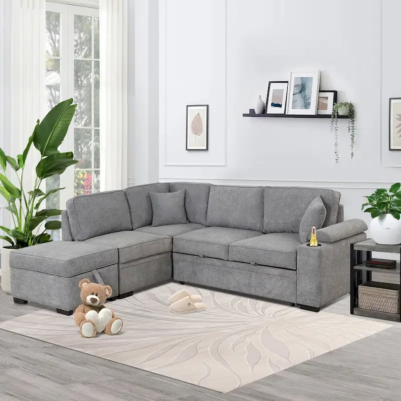 Nestfair 2 in 1 Pull Out Sofa Bed L Shape Couch with Storage Ottoman