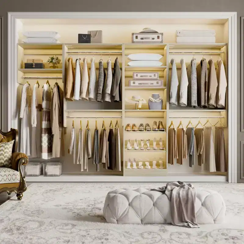 Besiost Walk-In Closet Orangizer with 9 Shelves, Wooden Closet System with Hanging Rods