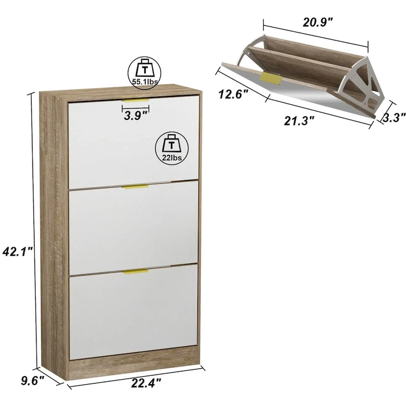 Shoe Cabinet with 3 Mirrored Flip Drawers, Free Standing Slim