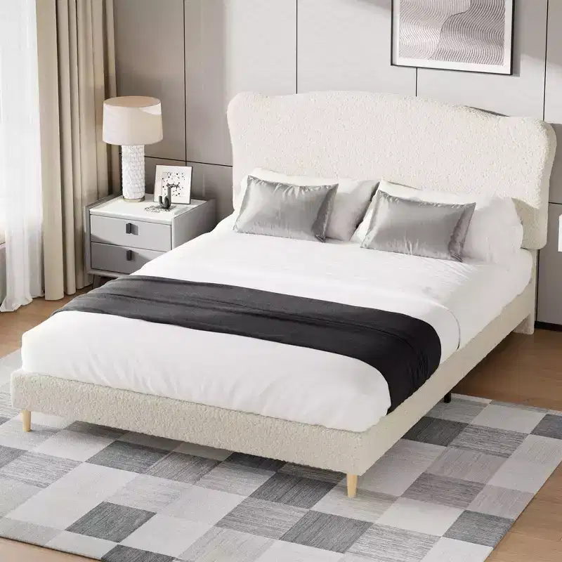 Acekool Upholstered Platform Bed Frame with Boucle Headboard, Low Profile Rounded Corner Bed, Wooden Slats, No Box Spring Needed