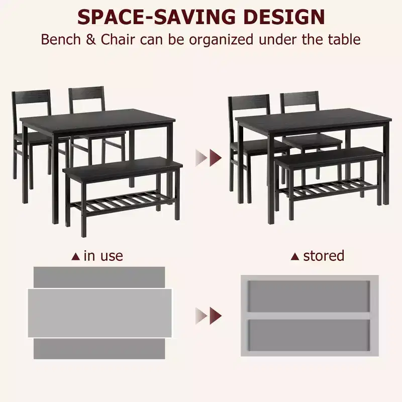 Dining Table Set for 4, with Bench & 2 Chairs