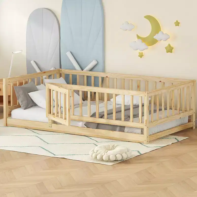Twin/Full Size Kid Floor Bed with Fence & Door, Montessori Floor Bed Frame for Toddlers, Doubles as Play Area - ModernLuxe