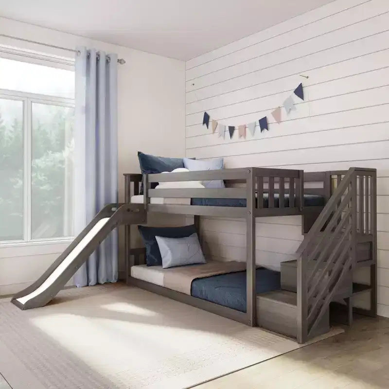 Twin Over Twin Low Bunk Bed with Slide & Stairs, Solid Wood Kids Platform Bed, 14 Guardrails