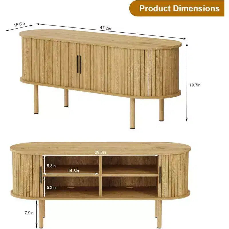 47.2 TV Cabinet with Sliding Doors & Storage, Wood Media Console for TVs Up to 80, Modern