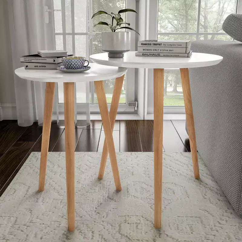 Hasting Home Set of 2 Nesting Side Tables, Round End Tables for Living Room or Bedroom, Mid-Century Modern Living Room Furniture, White/Natural