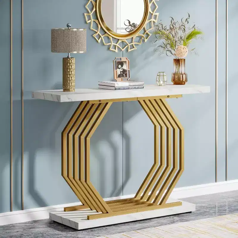 Lantine 40-Inch Gold Console Table, Faux Marble Entryway Narrow Sofa Table with Geometric Metal Base for Living Room, Hallway, Foyer, White & Gold