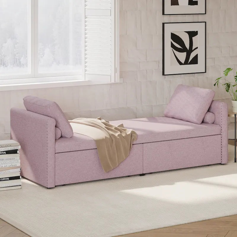 Roomfitters Upholstered Chaise Daybed with 2 Drawers and Pillows, Compact Lounger for Living Room, Linen Fabric