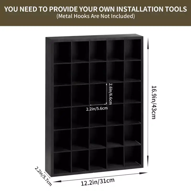 2 Pack Shot Glass Display Case - Black Wooden Wall Mounted Shadow Box with 30 Slots & 2 Removable Shelves, Glass Shelf for Collectibles, Bar Decor