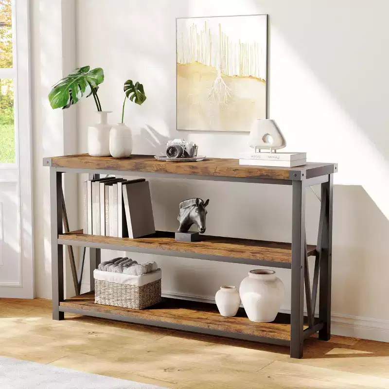 Brown Fluted Console Table, 3-Tier, Industrial Style, 47.2 Wide, 1-Person Use