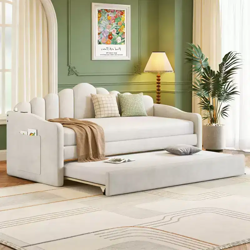 Twin Velvet Upholstered Daybed with Trundle and Charging Ports