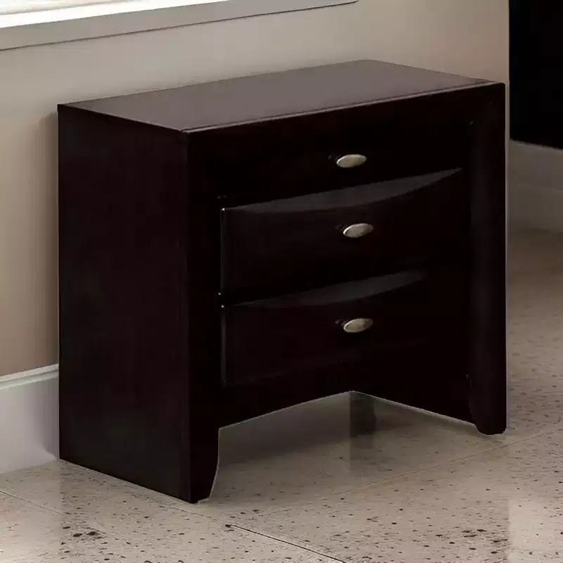 Spacious Nightstand, Metal Knobs, 3 Drawers, Black Solid Wood