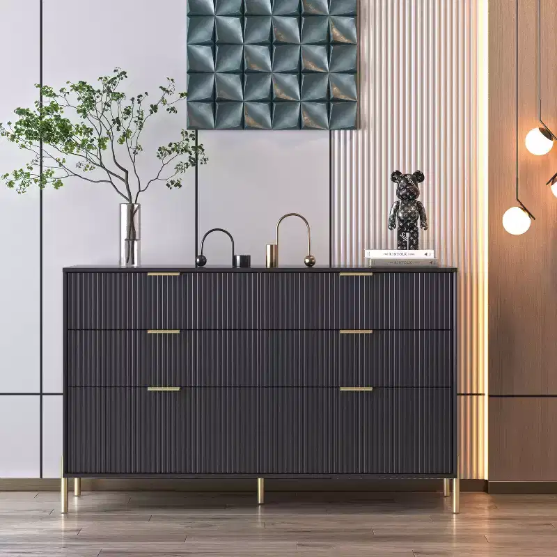 6 Drawer Dresser with Gold Legs Modern Ribbed Design for Bedroom