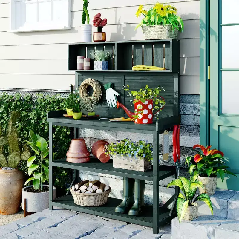 Whisen Large Rustic Farmhouse Wooden Potting Bench Table, Patio Workstation with Storage Shelves and Side Hook
