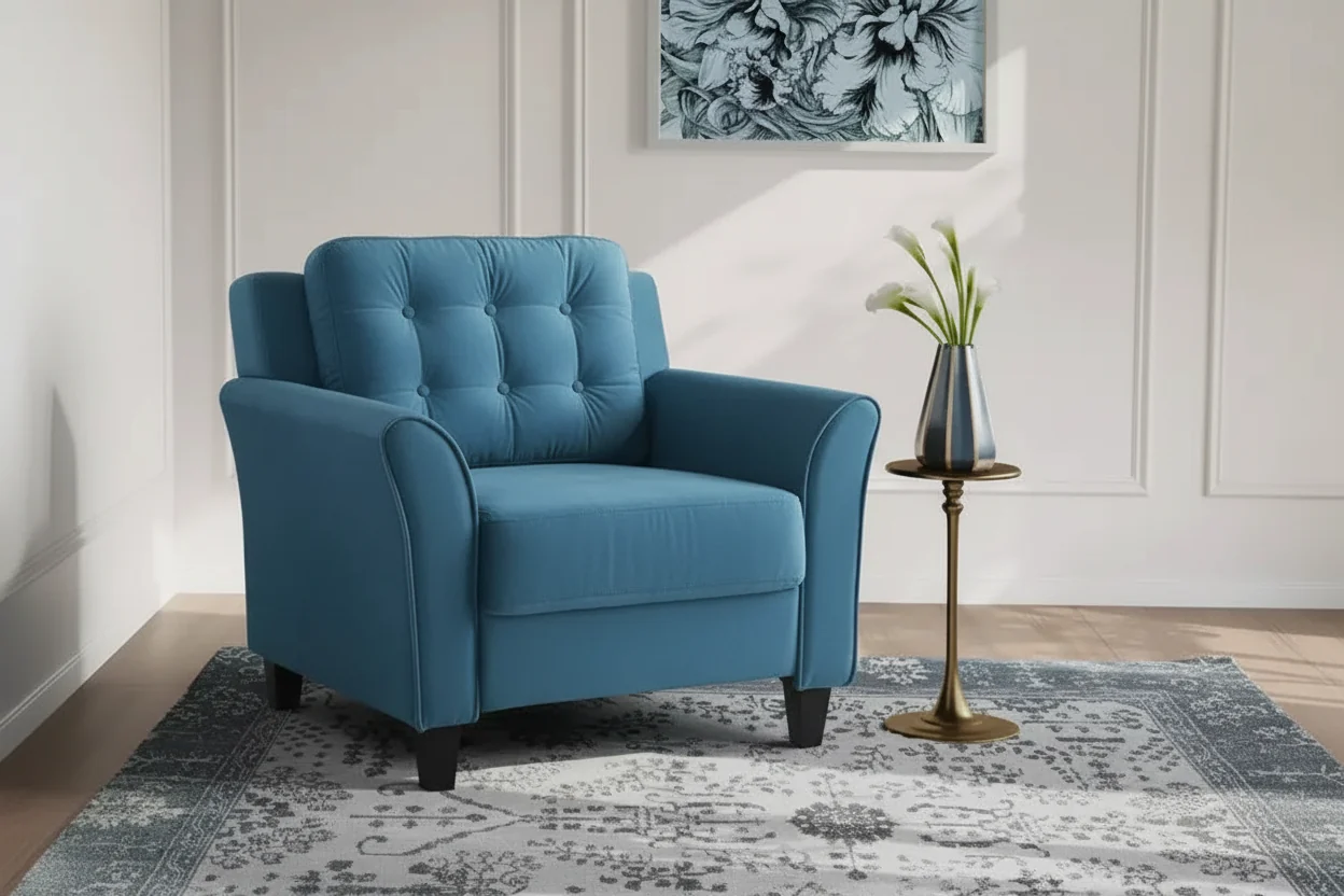 Harper Upholstered Accent Chair | Blue Velvet | Tufted Back | Solid Wood Frame