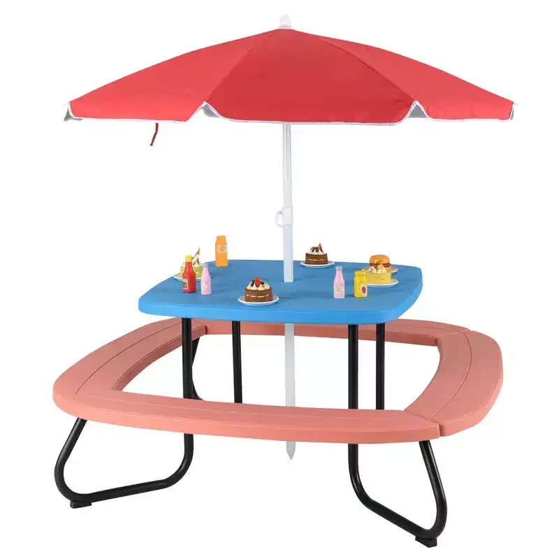 Costway Kids Picnic Table Outdoor Activity Table with Adjustable & Collapsible Umbrella Blue/White/Brown