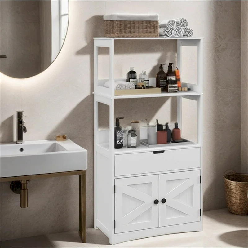Bathroom Floor Storage Cabinet with Shelves, Drawer and Cupboard