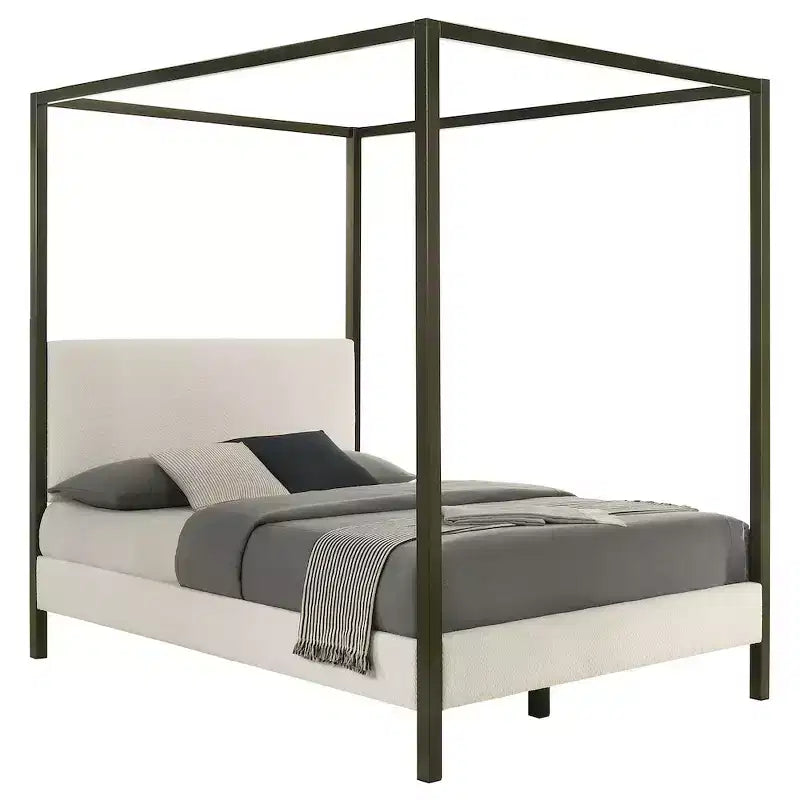 Monroe Upholstered Queen Canopy Bed, Vanilla, Wood Frame with Elegant Canopy Design