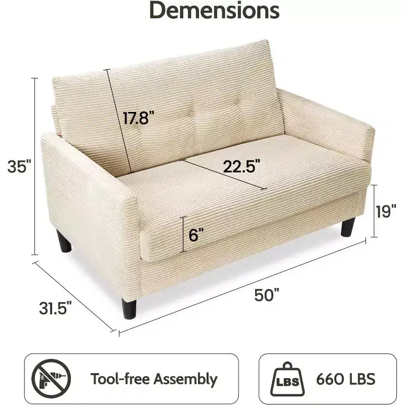 50'' Corduroy Sofa, Comfortable Small Sofa for Living Room with Deep Seat Spring Pads, Solid Wood Frame, Tool-Free Assembly