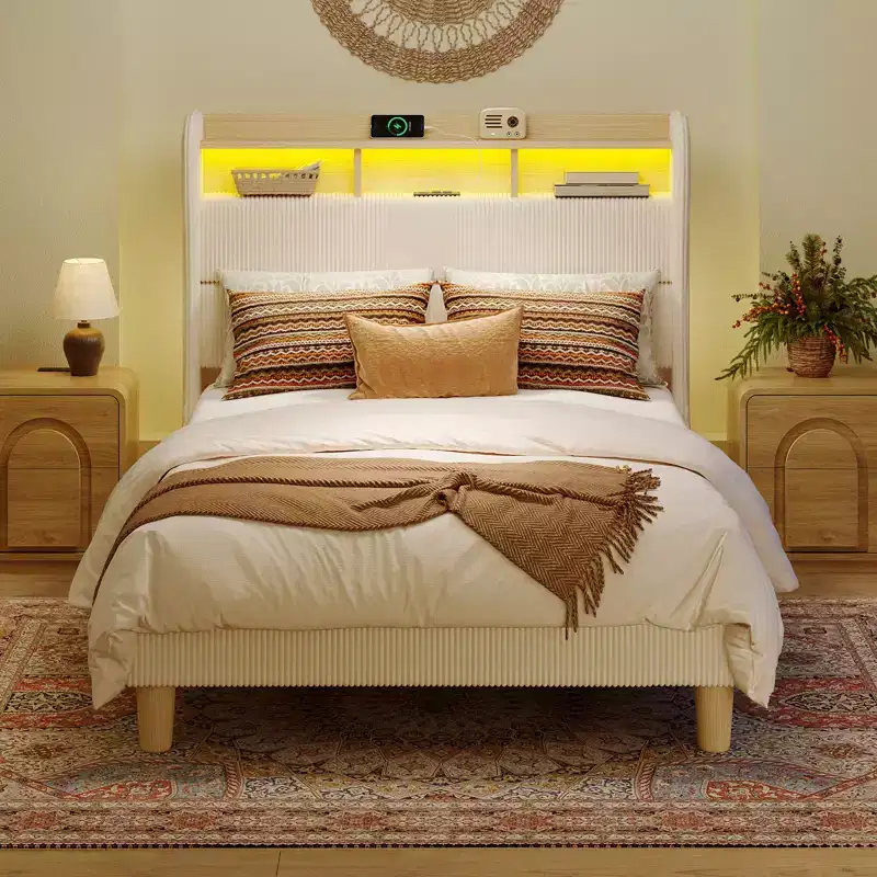 Bestier Queen/King Bed Frame with Tall Headboard Storage, Corduroy Upholstered Queen Size Platform Bed with LED & Charging Station, Off-White