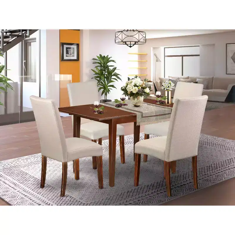 Vintage Dinette Set 5Pc Rectangle Table & 4 Chairs - Linen Fabric Cream - Mahogany Legs - 42 Table with Leaf