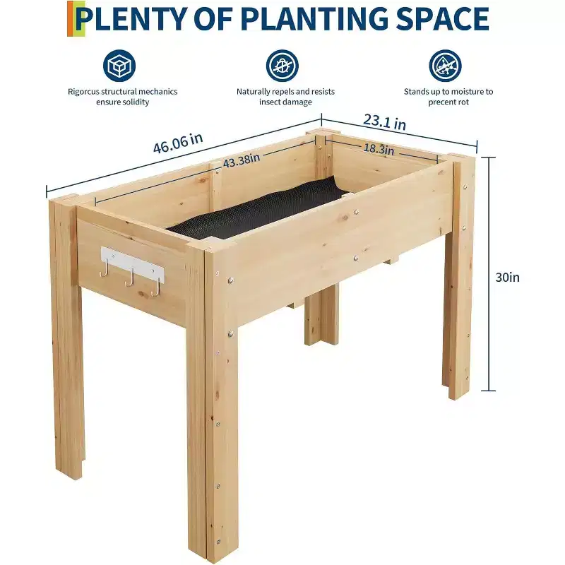 Raised Garden Bed with Leg & Hooks for Outdoor Growing Vegetables and Herbs,Elevated Wood Planter Box Stand with Non-Woven Liner for Backyard, Patio