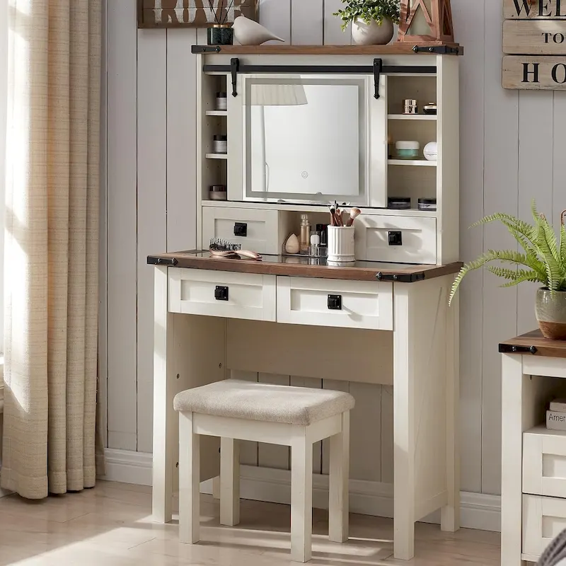 Farmhouse Makeup Vanity Desk, Vanity Dressing Table, Stool Included