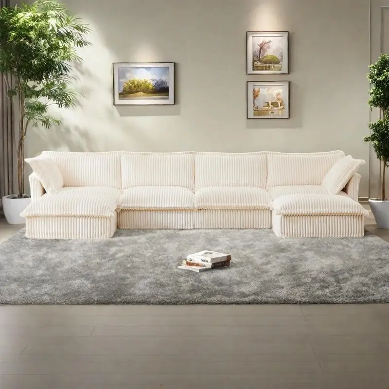 156.6 Corduroy U-Shape 4-Seater Sectional Sofa with Removable Slipcover, Deep Seat Design and French Edge Detailing