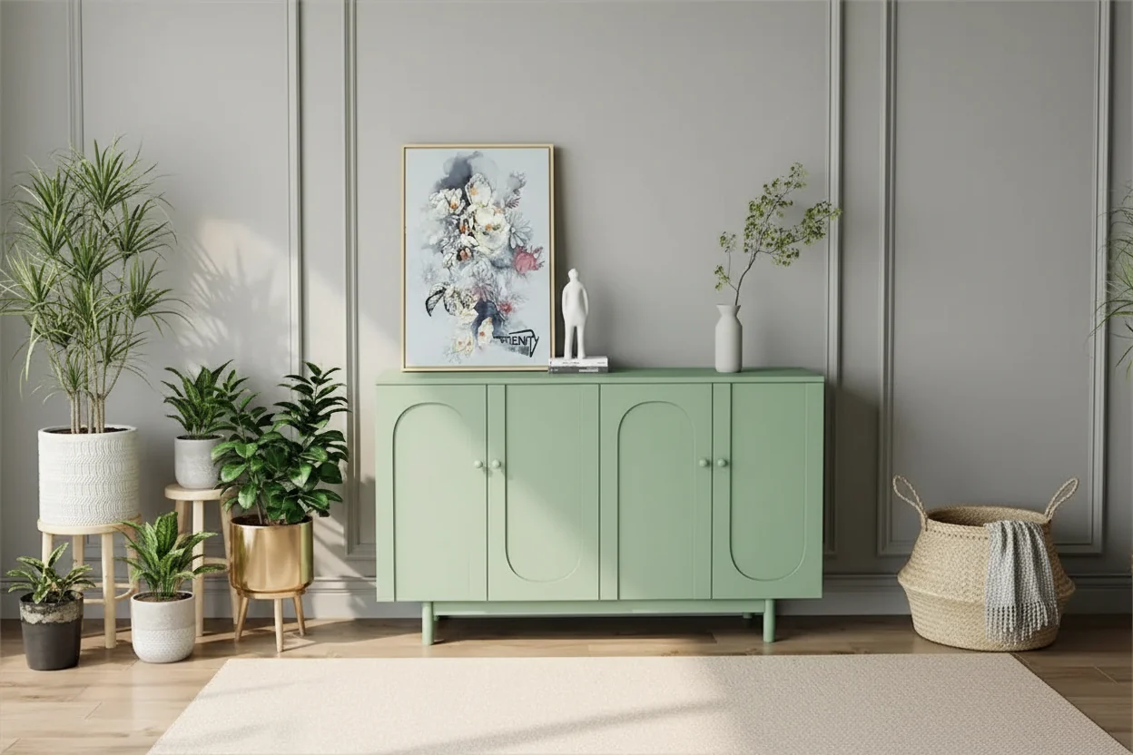 4-Door Storage Cabinet with Adjustable Shelf and Wood Legs