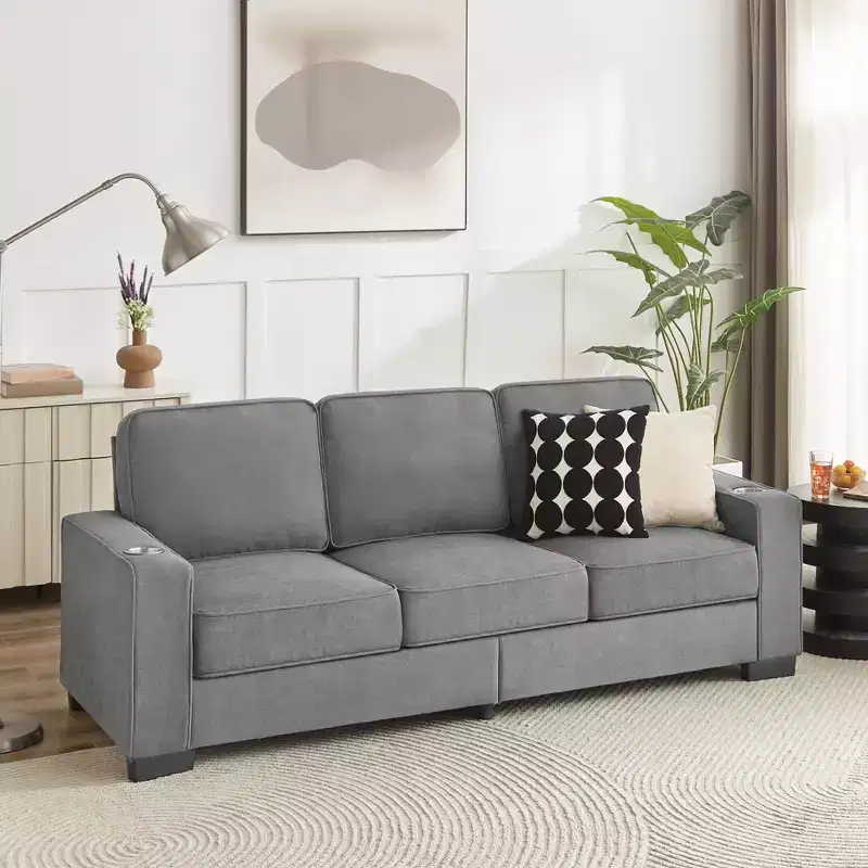 TUYOHW 83.86 Inch Modern Snowfleece Couch,3-Seater Sofa with 2 Cup Holders for Living Room,Bedroom,Office,Apartment