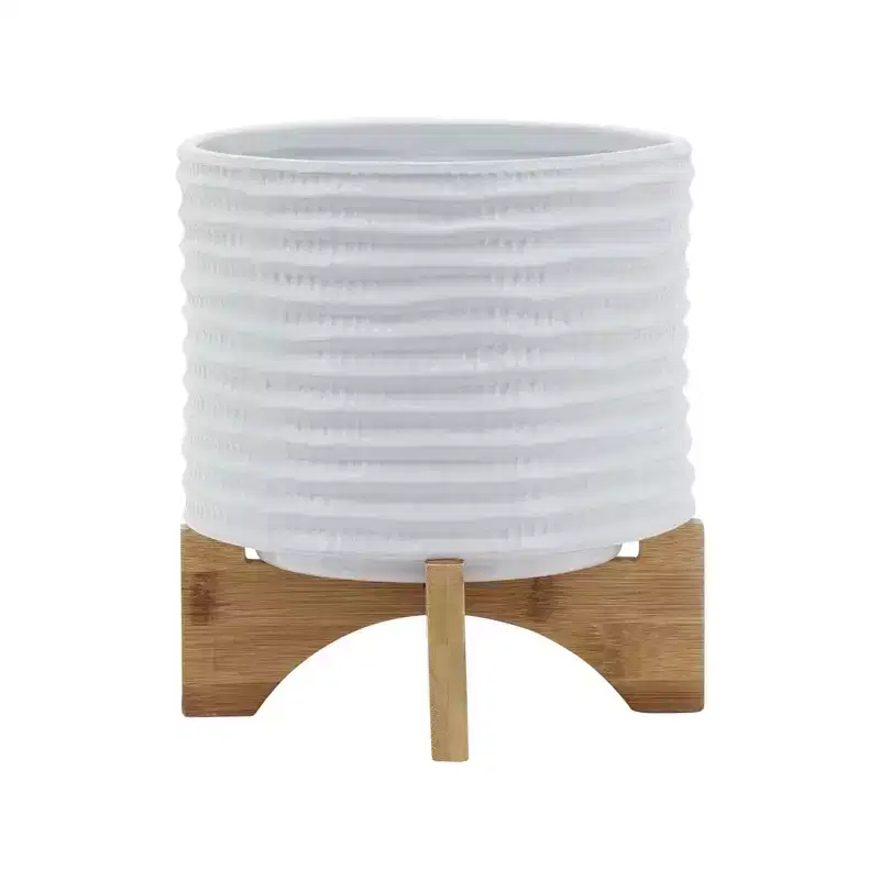 Okak Modern 8IN Flower Pots with Textured Carving, Succulent Pots with Cross Wooden Stand, Outdoor Planter for Tabletop and Window, White