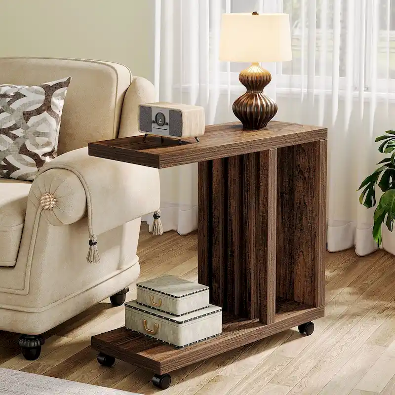 C-Shaped End Side Table for Living Room, Wooden Beside Couch Table