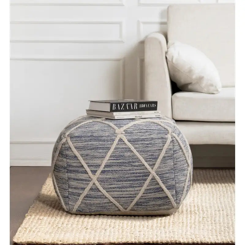22-Inch Round Pouf Ottoman – Blue & Ivory / Tan & Ivory / Gray & Ivory, 1-Person Footrest & Extra Seat