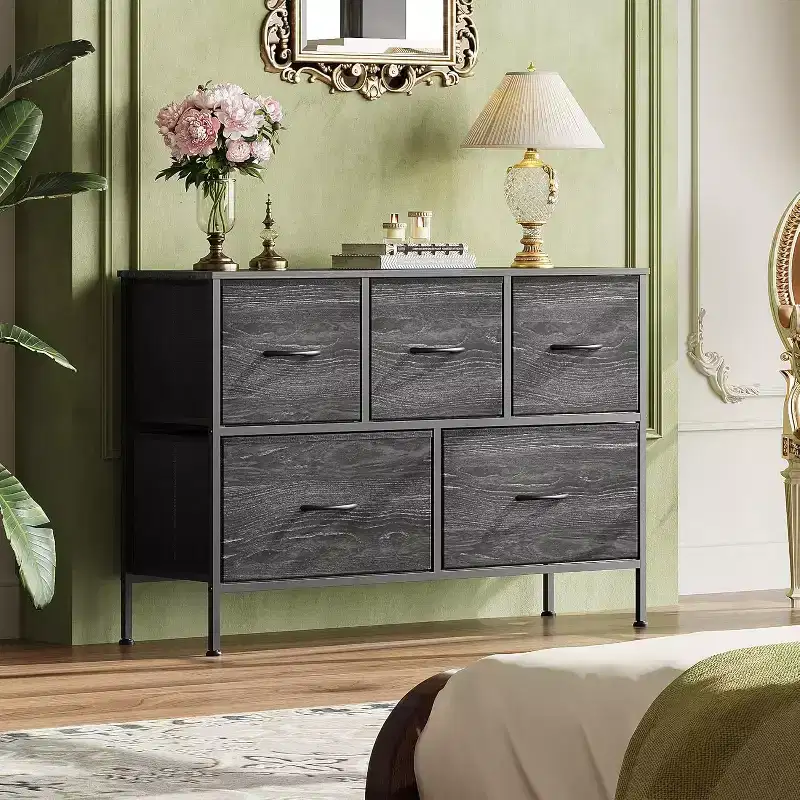 5-Drawer Fabric Dresser �C Charcoal Black Wood Grain, Steel Frame, 100,1 cm Wide