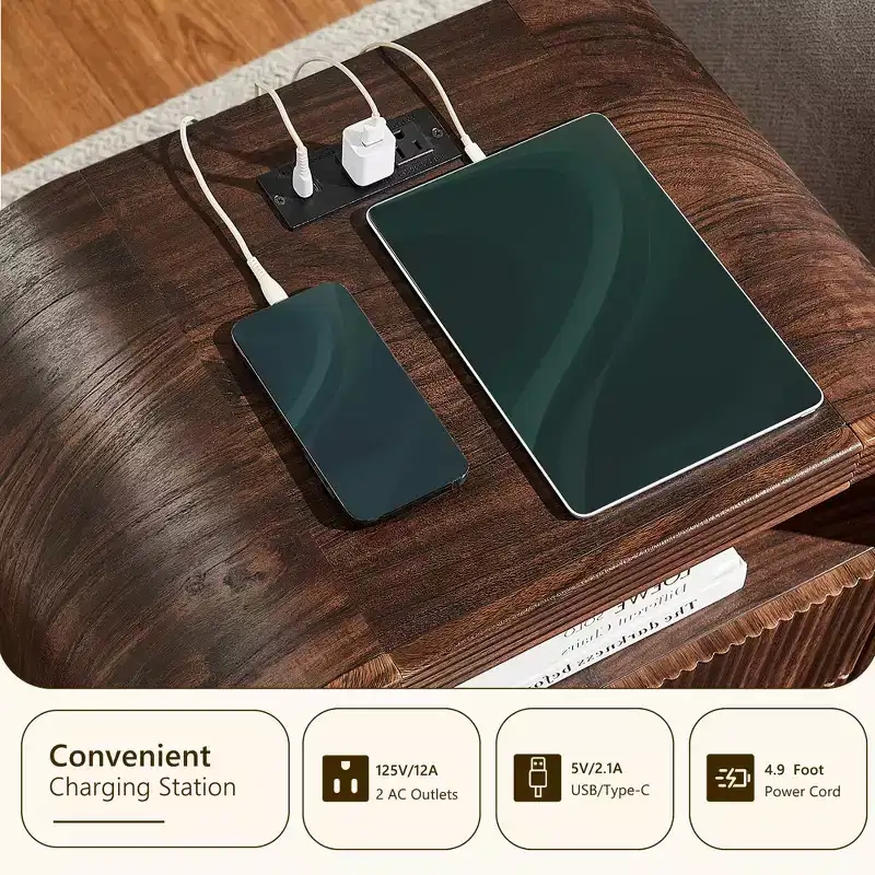 Modern 24 Fluted End Table , Charging Station Nightstand with 2 Drawers and Rounded Corners, Versatile Storage Side Table for Bedroom & Living Room