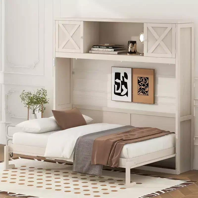 Full Murphy Bed Cabinet Bed, Full Size Murphy Bed with Storage Cabinets, Wood Full Wall Bed Chest Murphy Bed Frame, Beige