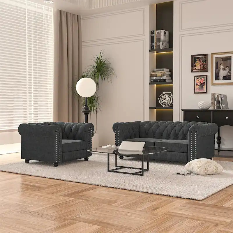 Morden Fort Button Tufted Upholstered Chesterfield Sofa Set Chair and Sofa,2 PCS for Living Room,Linen,Solid Wood Legs