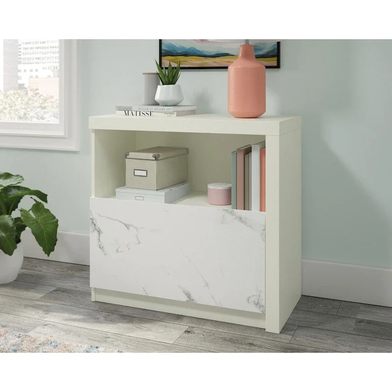 Pearl Oak Lateral File Cabinet with Open Shelf White Marble Drawer
