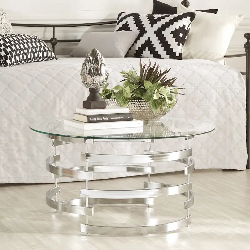 Nova Round Glass Top Vortex Iron Base Accent Table by iNSPIRE Q Bold