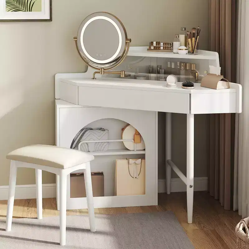 GDFStudio Gore Corner Makeup Vanity Set With Stool and Rotating Mirror, Movable Side Cabinet & 3-Color LED Light, White