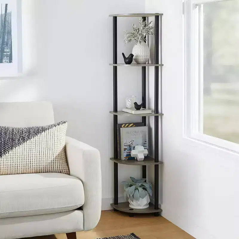 Furinno 2 PCS 5-Tier Decorative Bookshelf Open Multipurpose Shelves Corner Display Rack,French Oak/Black