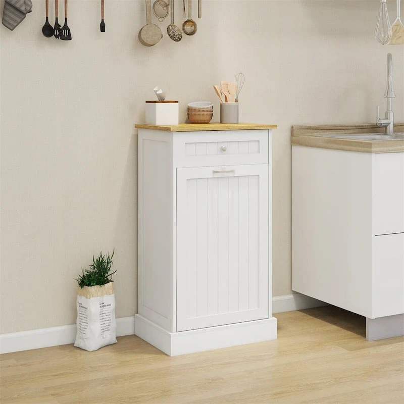 Freestanding Kitchen Trash Cabinet, Modern Wood 20-Inch Tilt-Out Trash Cabinet with Storage Drawer