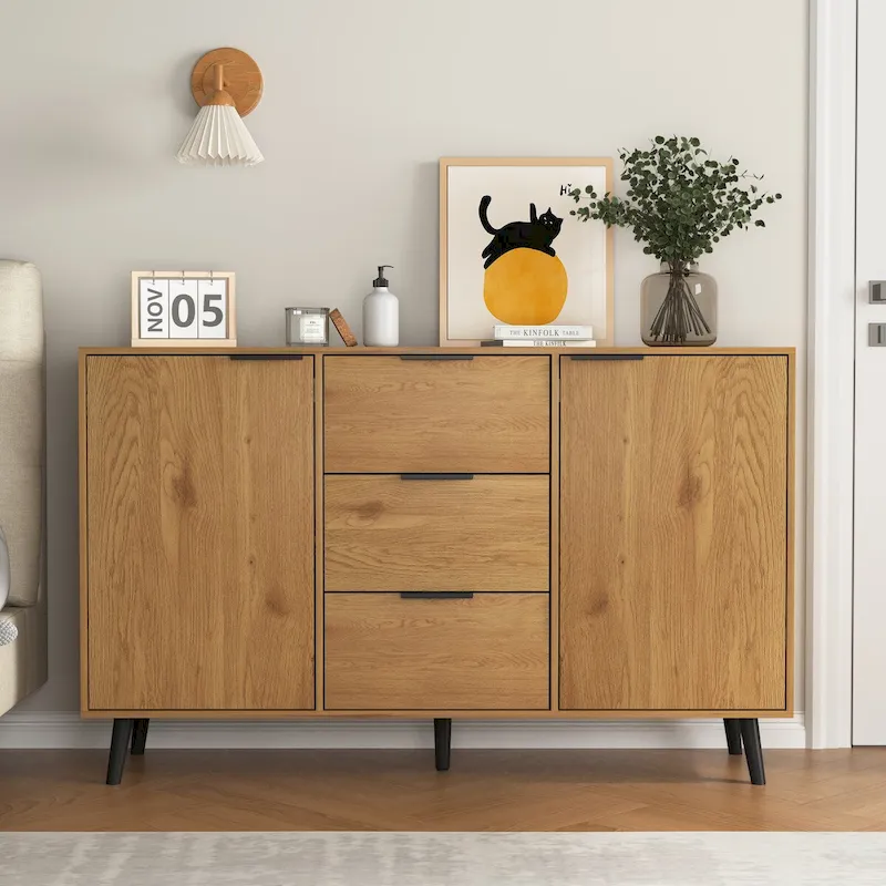 Sideboard Buffet Cabinet with 3 Drawers and 2 Doors, Natural